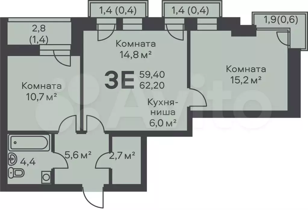 3-к. квартира, 62,2 м, 6/6 эт. - Фото 0