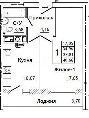 1-к. квартира, 40,7 м, 7/10 эт. - Фото 0