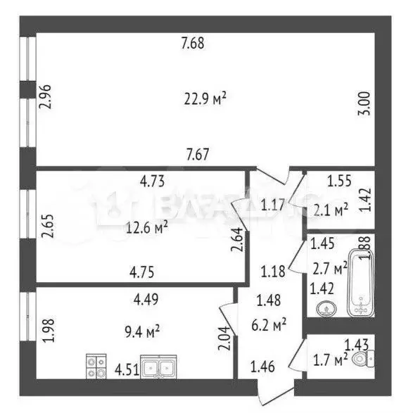 2-к. квартира, 57,6 м, 4/4 эт. - Фото 0