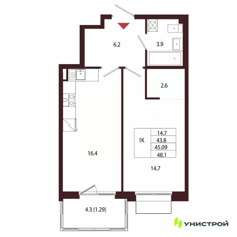 Квартира, 1 комната, 45.09 м - Фото 1