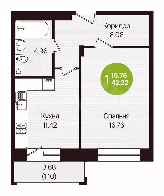 1-к. квартира, 42,3 м, 1/12 эт. - Фото 0