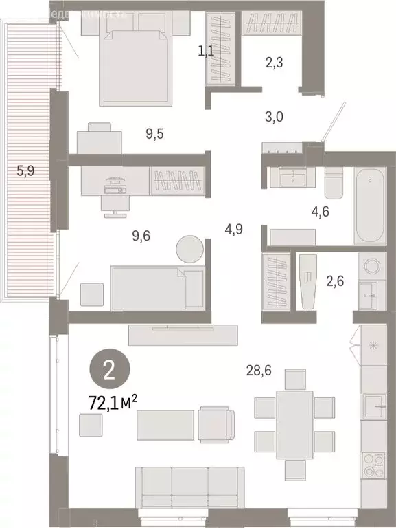 2-комнатная квартира: Тюмень, Ленинский округ (72.07 м) - Фото 1