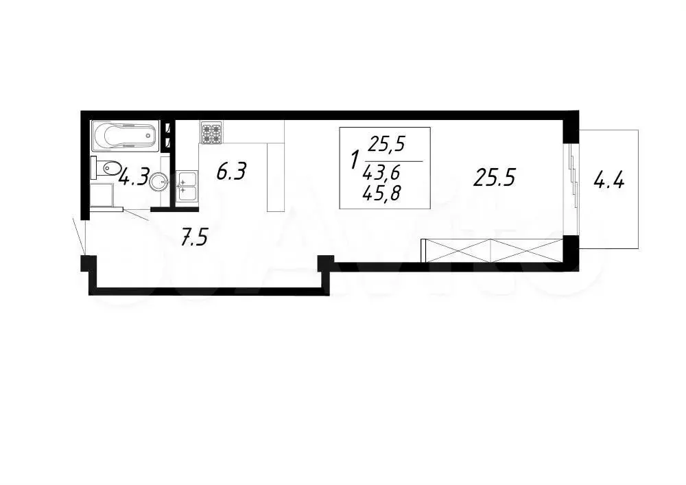 1-к. квартира, 45,8 м, 8/8 эт. - Фото 0