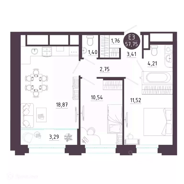2-к кв. Рязанская область, Рязань Московское ш. (57.75 м) - Фото 1