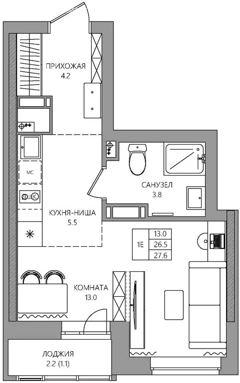 Квартира-студия: Пермь, Батумская улица, 21 (27.6 м) - Фото 1