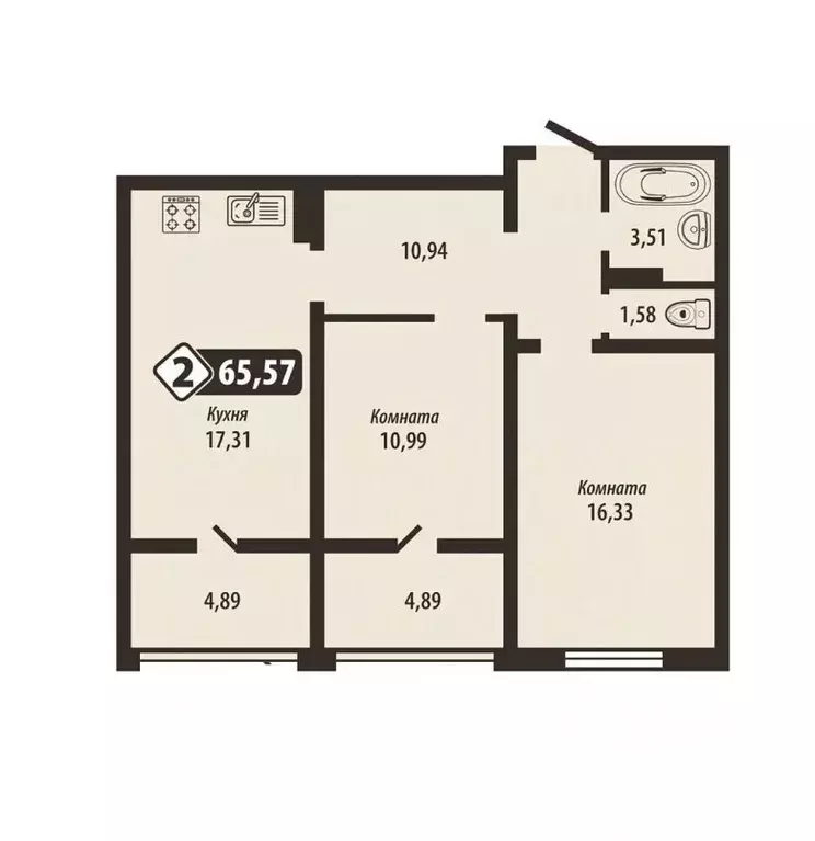 2-к кв. Брянская область, Брянск Школьный жилой комплекс (65.57 м) - Фото 1