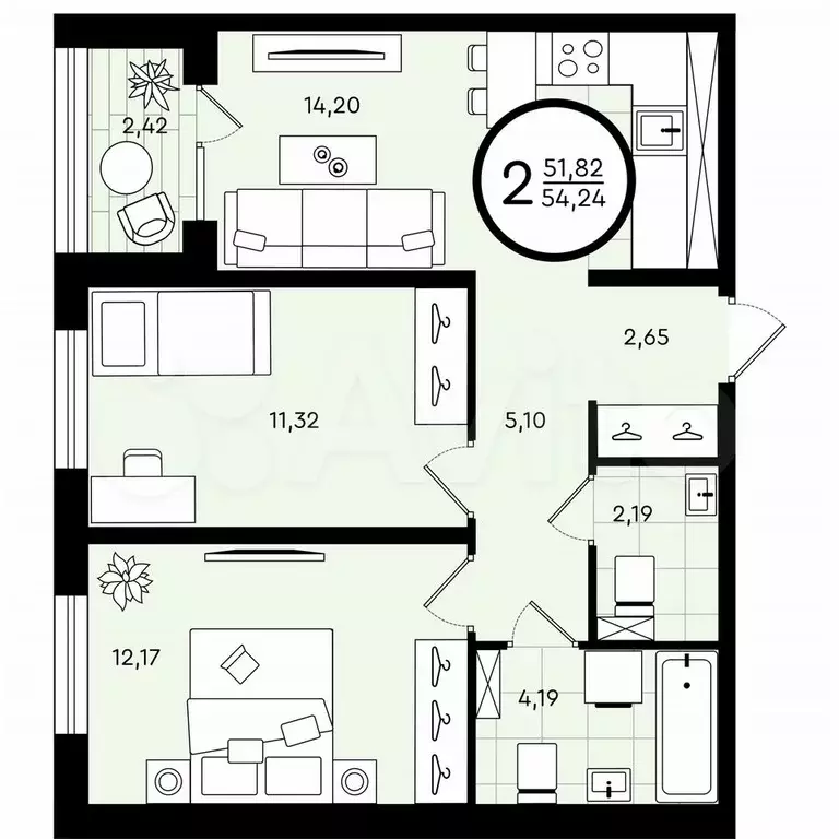 2-к. квартира, 54,2 м, 3/4 эт. - Фото 0