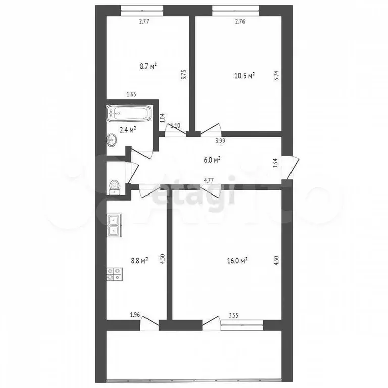 3-к. квартира, 53,1 м, 1/2 эт. - Фото 0