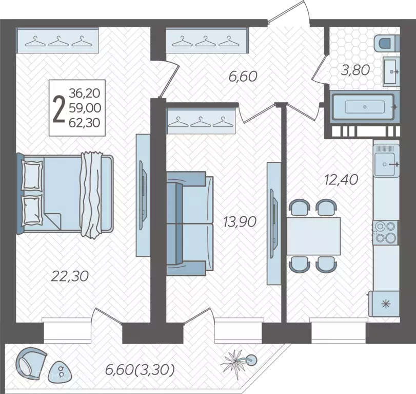 Продаётся 2-к квартира, 62.3 м - Фото 0