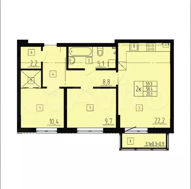 2-к. квартира, 59,3 м, 1/8 эт. - Фото 1