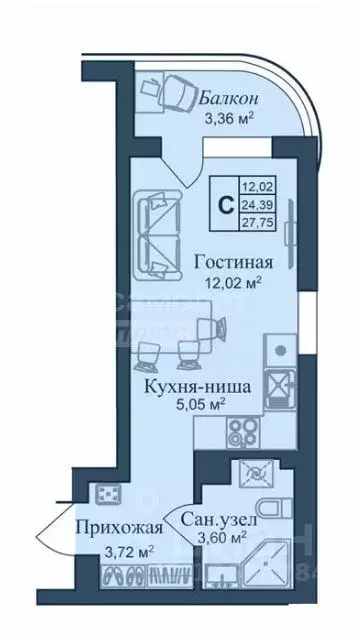 Студия Крым, Евпатория уч1 (28.0 м) - Фото 1