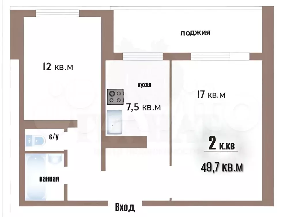 2-к. квартира, 49,7 м, 4/9 эт. - Фото 0