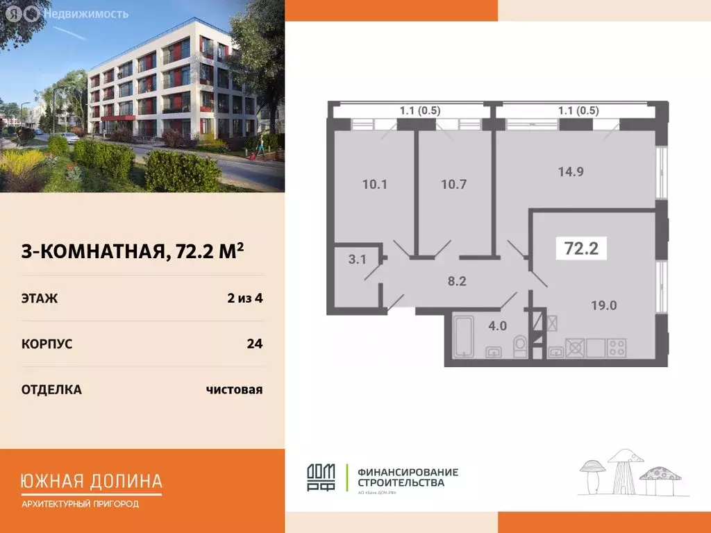 3-комнатная квартира: посёлок Мещерино, микрорайон Южные Горки, 4-й ... - Фото 0