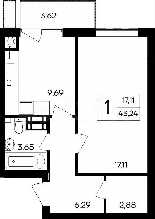 1-к. квартира, 43,2 м, 7/8 эт. - Фото 0