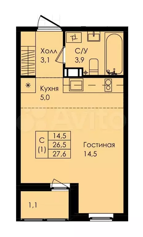 Квартира-студия, 27,6 м, 3/8 эт. - Фото 0