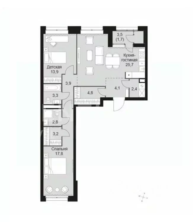 3-к кв. Москва Строительный проезд, 9к1 (83.0 м) - Фото 2