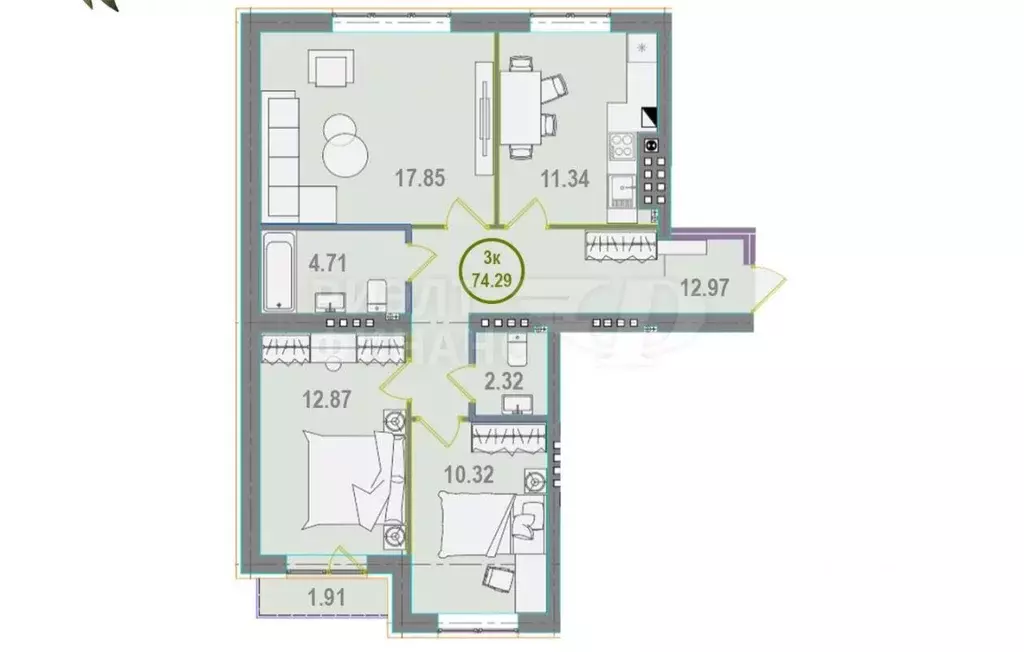 3-к кв. Калининградская область, Калининград Тбилисская ул., 5 (74.29 ... - Фото 2