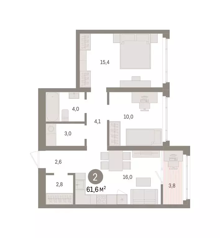 2-комнатная квартира: Тюмень, улица Павла Фитина, 3 (61.58 м) - Фото 2