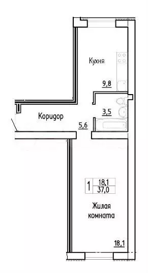 1-к. квартира, 37 м, 1/3 эт. - Фото 1