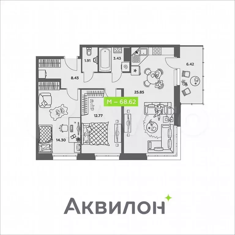2-к. квартира, 68,6 м, 7/8 эт. - Фото 0