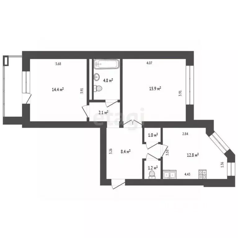 2-к кв. Тюменская область, Тюмень ул. 50 лет Октября, 24к1 (60.6 м) - Фото 2