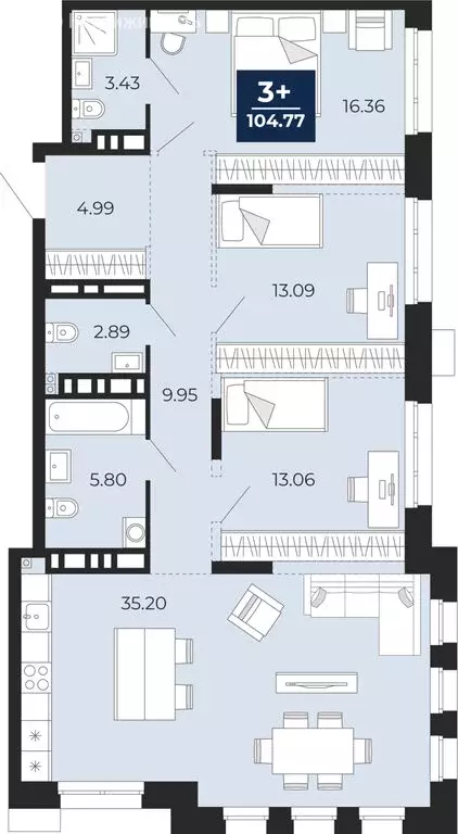 3-комнатная квартира: Тюмень, улица Пожарных и Спасателей, 1к1 (104.77 ... - Фото 1