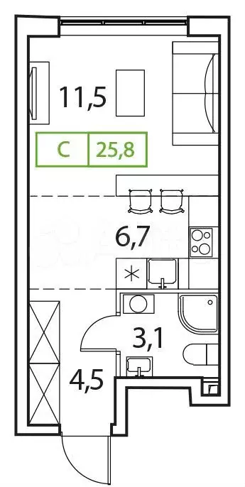 Квартира-студия, 25,8 м, 14/18 эт. - Фото 1