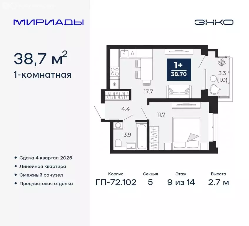 1-комнатная квартира: Тюмень, Ленинский округ (38.7 м) - Фото 0
