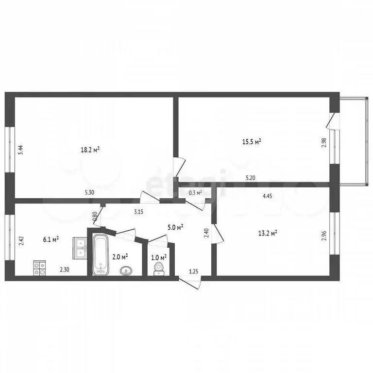 3-к. квартира, 59,5 м, 1/5 эт. - Фото 0
