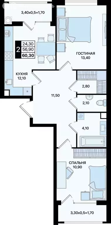 2-комнатная квартира: Ростов-на-Дону, ЖК Движение61 (60.3 м) - Фото 0
