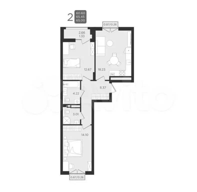 2-к. квартира, 62,9 м, 9/9 эт. - Фото 1