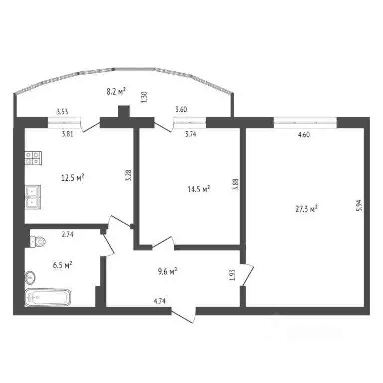 2-к кв. Тюменская область, Тюмень ул. 30 лет Победы, 50к1 (70.0 м) - Фото 1