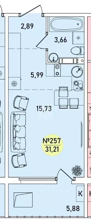 Студия Ярославская область, Ярославль 2-й мкр,  (31.21 м) - Фото 1