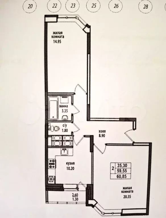 2-к. квартира, 59,5 м, 23/26 эт. - Фото 0