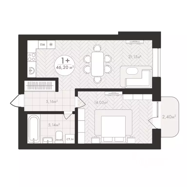 1-к кв. Башкортостан, Уфа Южный-2 мкр,  (46.2 м) - Фото 1