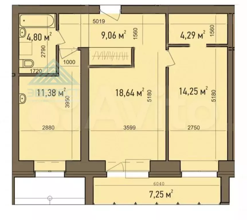 2-к. квартира, 64 м, 1/5 эт. - Фото 1