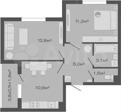 2-к. квартира, 47,5 м, 2/4 эт. - Фото 1