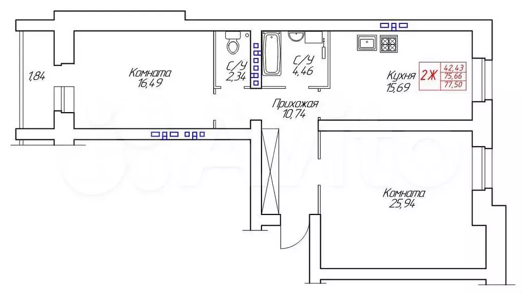 2-к. квартира, 77,5 м, 2/8 эт. - Фото 0