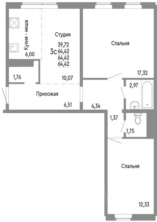 3-к кв. Челябинская область, Челябинск Нефтебазовая ул., 1к2 (64.42 м) - Фото 0