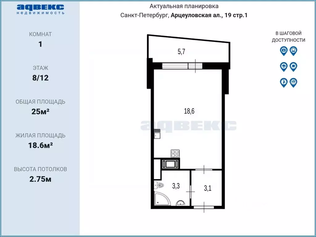 Студия Санкт-Петербург аллея Арцеуловская, 19 (25.0 м) - Фото 2