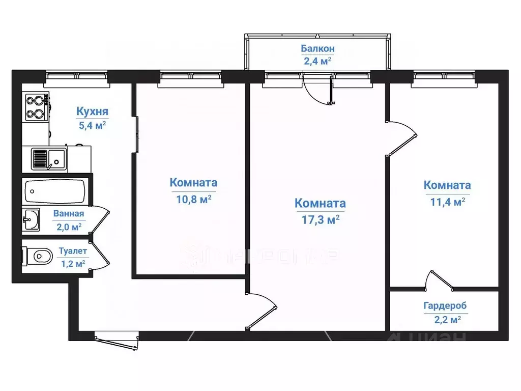 3-к кв. Кировская область, Киров ул. Калинина, 34 (56.4 м) - Фото 2