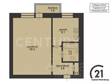 1-к кв. Санкт-Петербург ул. Софьи Ковалевской, 7К1 (34.0 м) - Фото 1