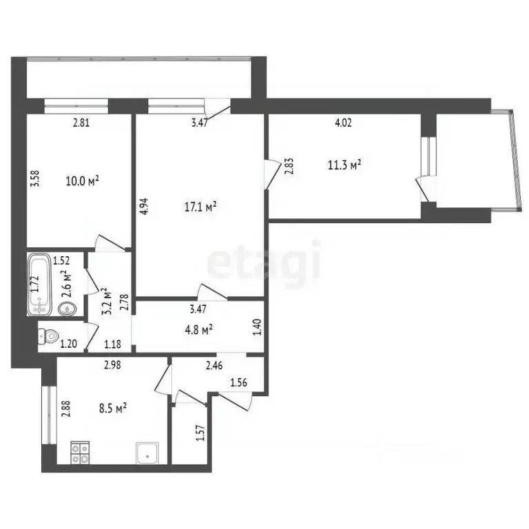 3-к кв. Тамбовская область, Тамбов Магистральная ул., 25 (62.9 м) - Фото 2