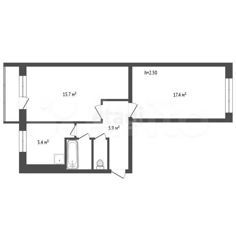 2-к. квартира, 47,6 м, 2/5 эт. - Фото 1