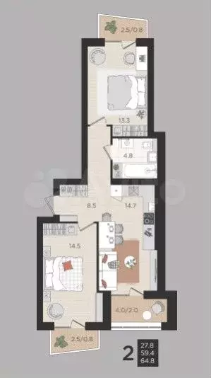 2-к. квартира, 64,8 м, 3/4 эт. - Фото 1