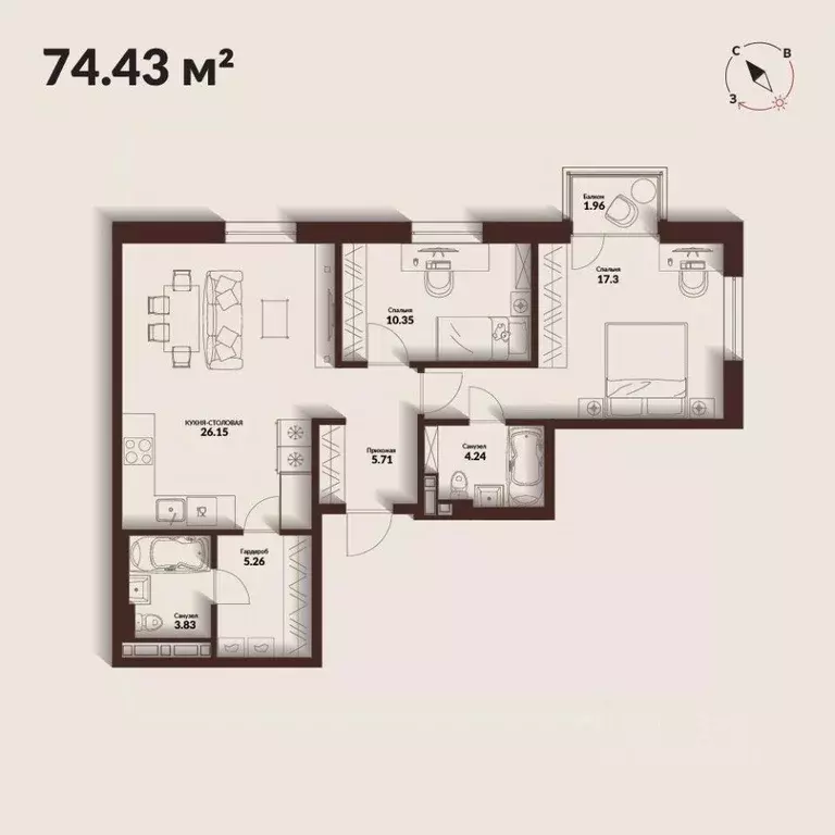 2-к кв. Приморский край, Владивосток Каскада жилой комплекс (73.43 м) - Фото 1