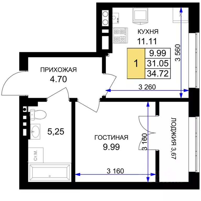 1-к кв. Калининградская область, Гурьевск Включи жилой комплекс (34.72 ... - Фото 0