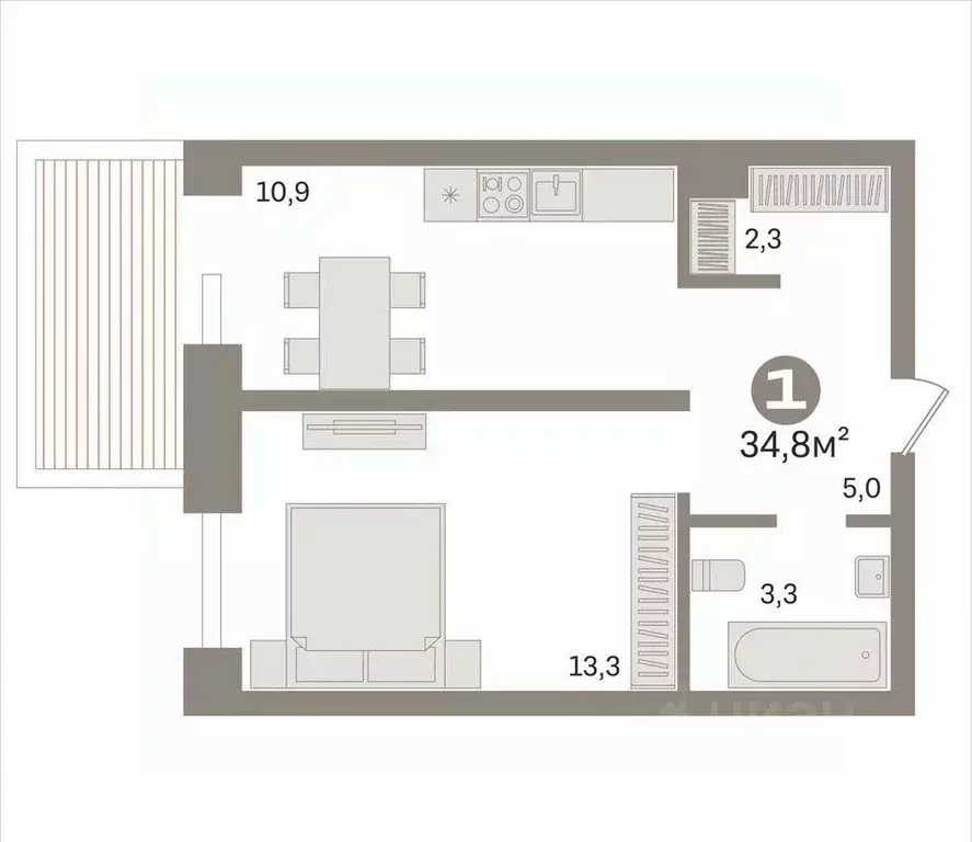 1-к кв. Новосибирская область, Новосибирск ул. Ватутина, 93 (34.8 м) - Фото 1