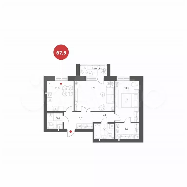 2-к. квартира, 67,5 м, 2/4 эт. - Фото 0
