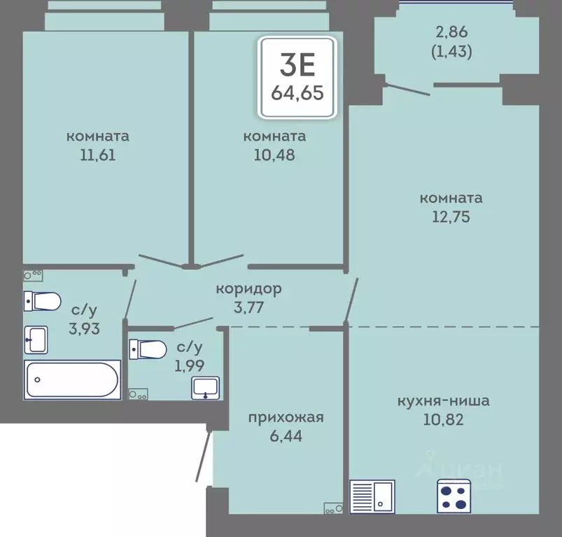 3-к кв. Пермский край, Пермь Кировоградская ул., 28 (64.65 м) - Фото 1